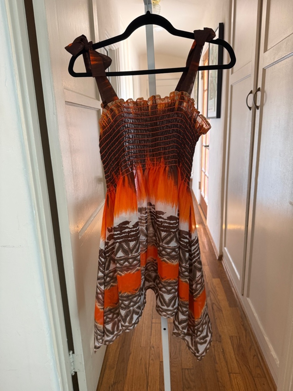 Erica Brooke Collection Smocked Tie-Shoulder Dress in Orange and Brown